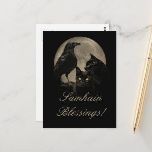 Carte Postale Samhain Corbeau et Chat Noir Païen