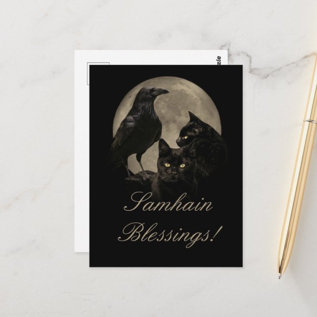 Carte Postale Samhain Raven et Black Cat Pagan (Devant/Arrière en situation)