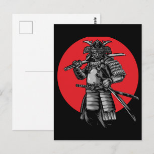 Carte Postale Samouraï Chat Noir Guerrier Japonais Vintage