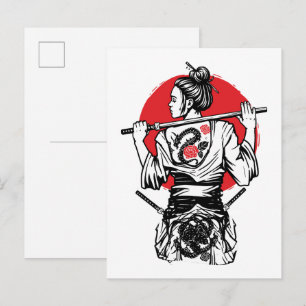Carte Postale Samouraï Féminin Dragon Rose – Guerrière Japonaise