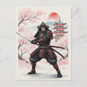 Carte Postale Samouraï sous le coucher de soleil des cerisiers e