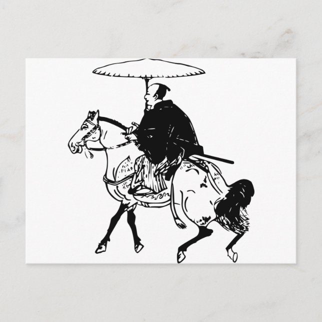Carte Postale Samurai Riding a Horse with Umbrella, Black Line (Devant)