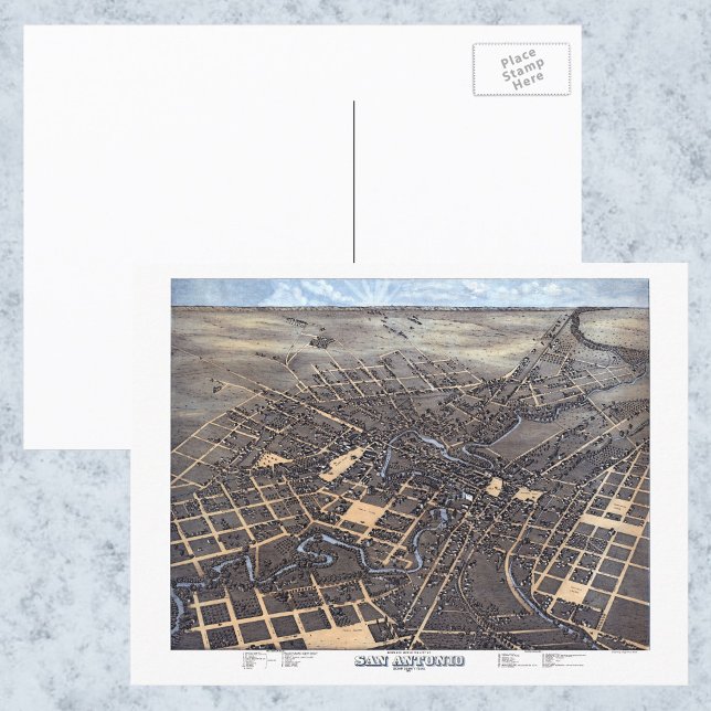 Carte Postale San Antonio, Texas, Antique Aerial City Map, 1873 (Créateur téléchargé)