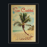 Carte Postale San Cristobal Palm Tree Vintage voyage<br><div class="desc">Un imprimé d'art moderne San Cristobal République Dominicaine du milieu du siècle rétro dans un style d'affiche de voyage vintage. Il dispose d'un palmier incurvé sur une plage de sable avec l'océan sous un ciel bleu nuageux.</div>