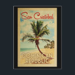 Carte Postale San Cristobal Palm Tree Vintage voyage<br><div class="desc">Un imprimé d'art moderne San Cristobal République Dominicaine du milieu du siècle rétro dans un style d'affiche de voyage vintage. Il dispose d'un palmier incurvé sur une plage de sable avec l'océan sous un ciel bleu nuageux.</div>