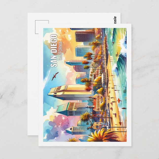 Carte Postale San Diego California USA Famous Place aquarelle (Devant / Derrière)
