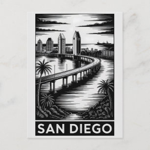 Carte Postale San Diego Californie Gravure sur Bois Noir Blanc