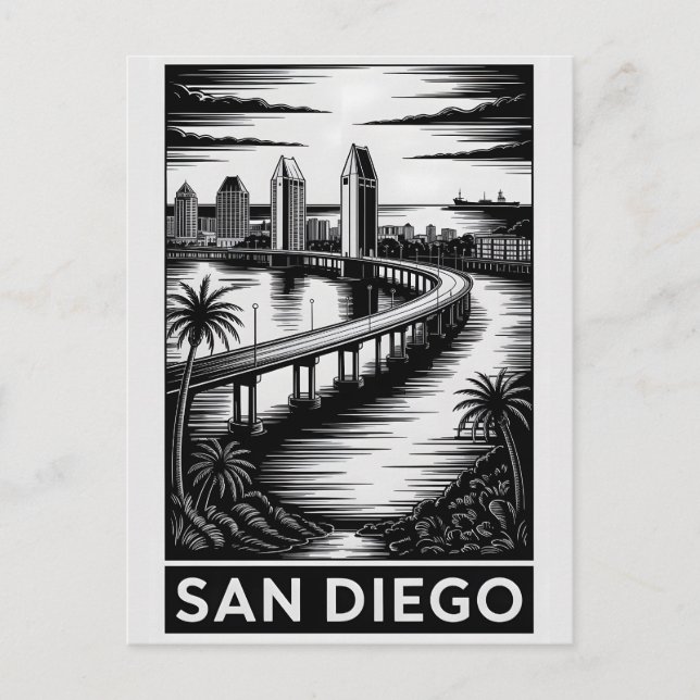 Carte Postale San Diego Californie Gravure sur Bois Noir Blanc (Devant)