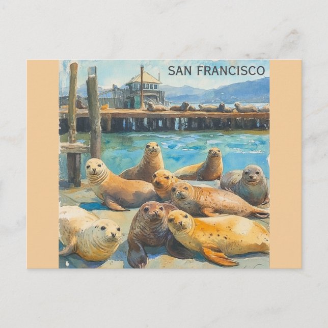 Carte Postale San Francisco Sea Lions Pier 39 Aquarelle (Devant)