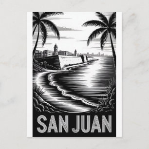 Carte Postale San Juan Porto Rico Gravure sur Bois Noir Blanc