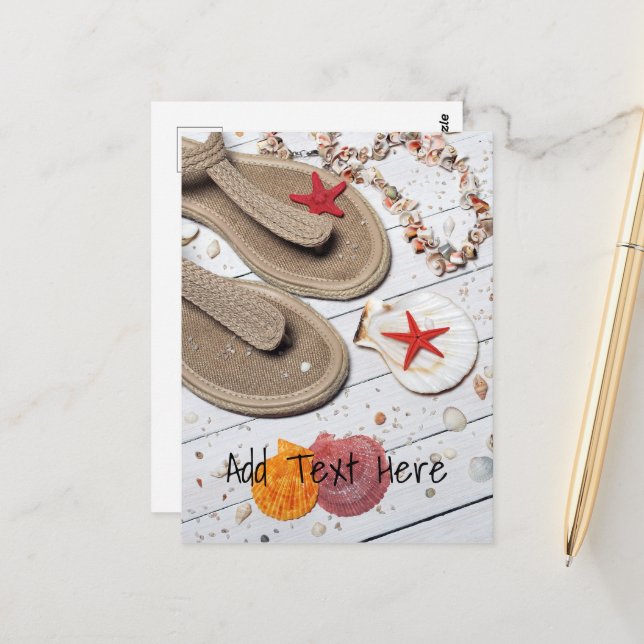 Carte Postale Sandales, Coquillages et Starfish à la plage (Devant/Arrière en situation)