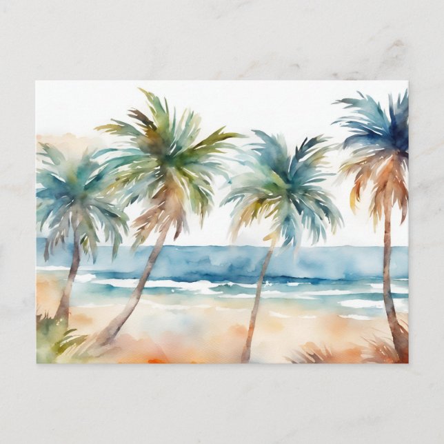 Carte Postale Sandy Watercolor Plage tropicale, Palmiers (Devant)
