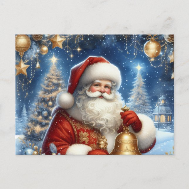 Carte Postale Santa and Christmas tree, blue & gold (Devant)