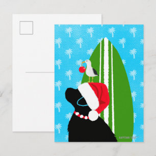 Carte Postale Santa Black Lab Planche de Surf Chien Noël