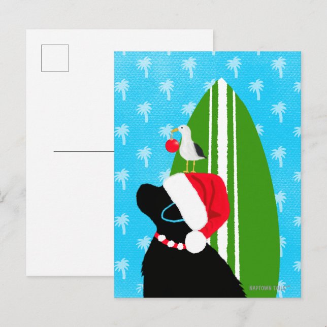 Carte Postale Santa Black Lab Planche de Surf Chien Noël (Devant / Derrière)