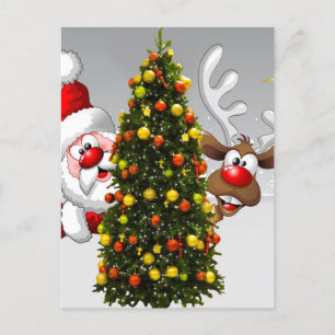 Carte Postale Santa claus and reindeer behind a christmas tree.j