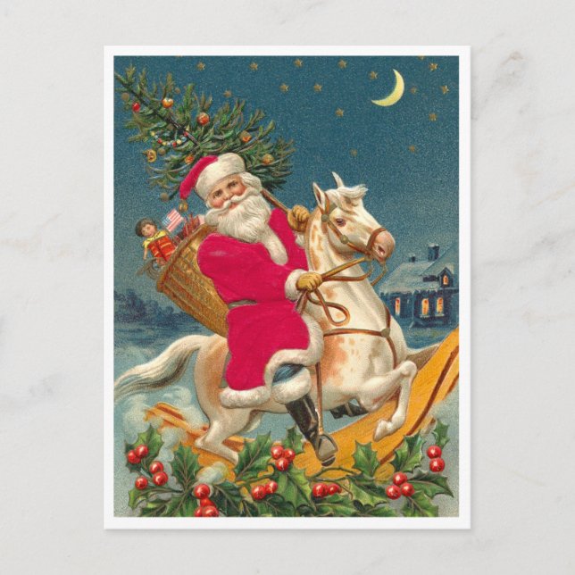 Carte Postale Santa Claus on a wooden horse (Devant)