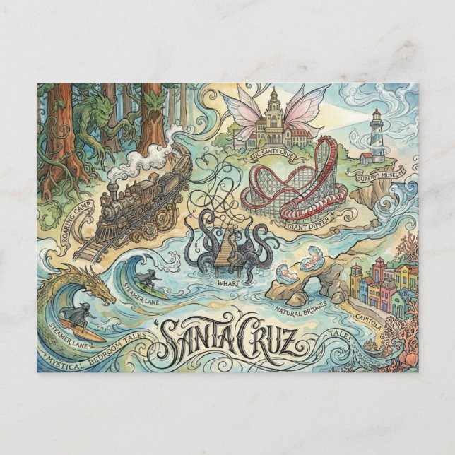 Carte Postale Santa Cruz California Illustrated Map Mythical (Devant)