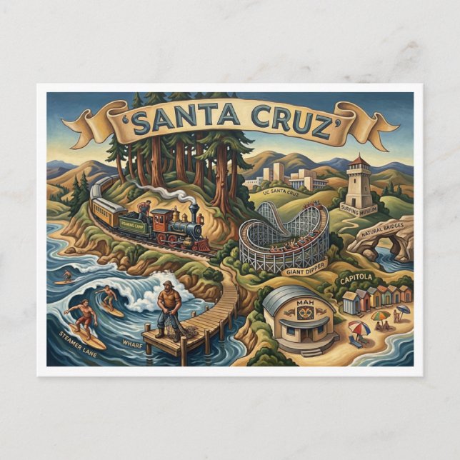 Carte Postale Santa Cruz California Illustrated Map UCSC Wharf (Devant)