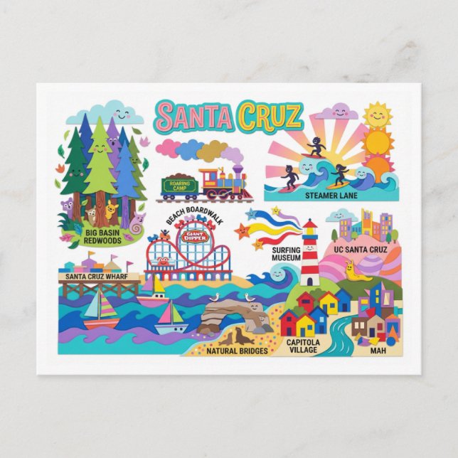 Carte Postale Santa Cruz Illustrated Map Boardwalk Beach Surfing (Devant)