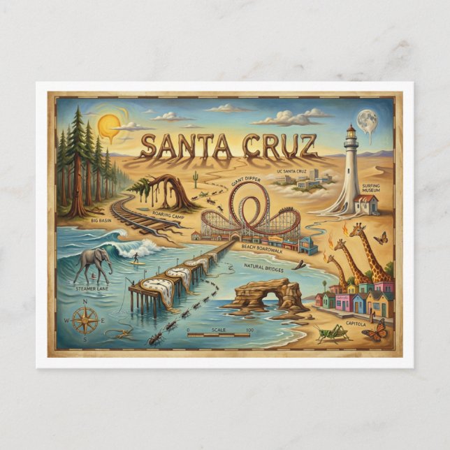 Carte Postale Santa Cruz Pop Art Map – Bold Coastal Landmark (Devant)