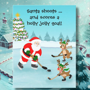 Carte Postale Santa jouant au hockey avec des rennes de Noël