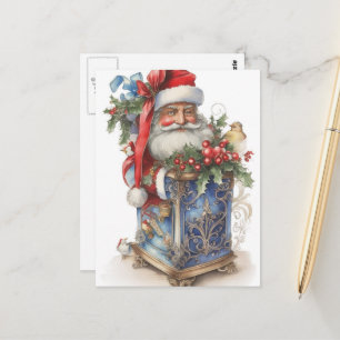 Carte Postale Santa vintage adorable et boîte bleue