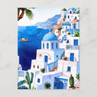 Santorin en bord de mer, Grèce Aquarelle bleue Gre