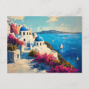 Carte Postale Santorin Fleurs vibrantes Peinture numérique à l'h