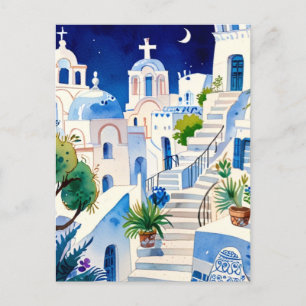 Carte Postale Santorin, Grèce Aquarelle - Art de l'île grecque