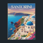Carte Postale Santorin Grèce Dôme Bleu Voyage Art Rétro<br><div class="desc">Conception de voyage vectorielle rétro de Santorin. Santorin,  le joyau des Cyclades,  est mondialement connu pour ses vues spectaculaires sur la caldeira,  ses villages blancs perchés sur les falaises et ses couchers de soleil inoubliables.</div>