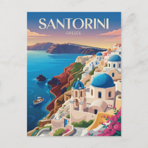 Carte Postale Santorin Grèce Dôme Bleu Voyage Art Rétro