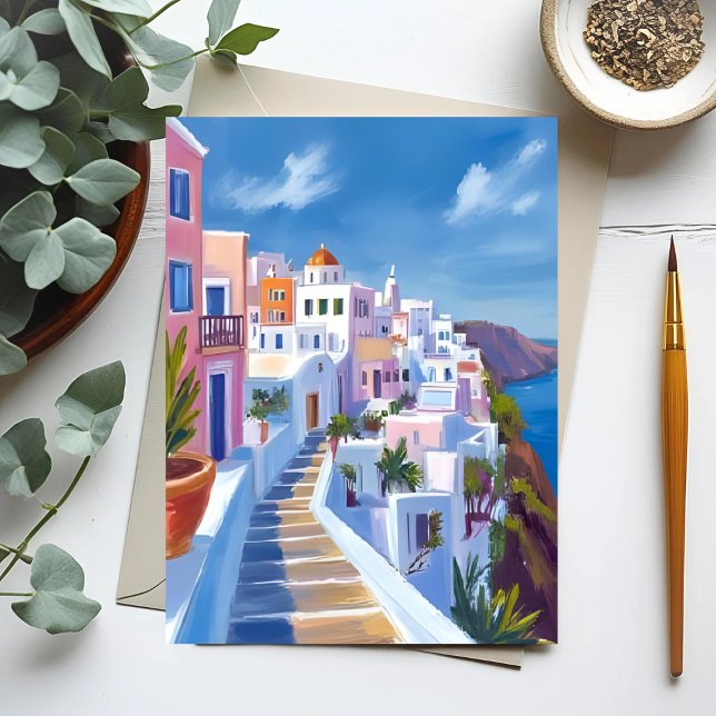 Carte Postale Santorin Grèce Peinture Aquarelle Voyage (Créateur téléchargé)