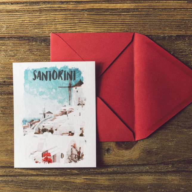 Carte Postale Santorin Iles Grecques Aquarelle Voyage (Santorini Greece watercolor )