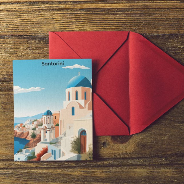 Carte Postale Santorin Rétro Grèce Méditerranée Bleu & Blanc  (Retro Santorini Greece Mediterranean Blue & White Postcard)