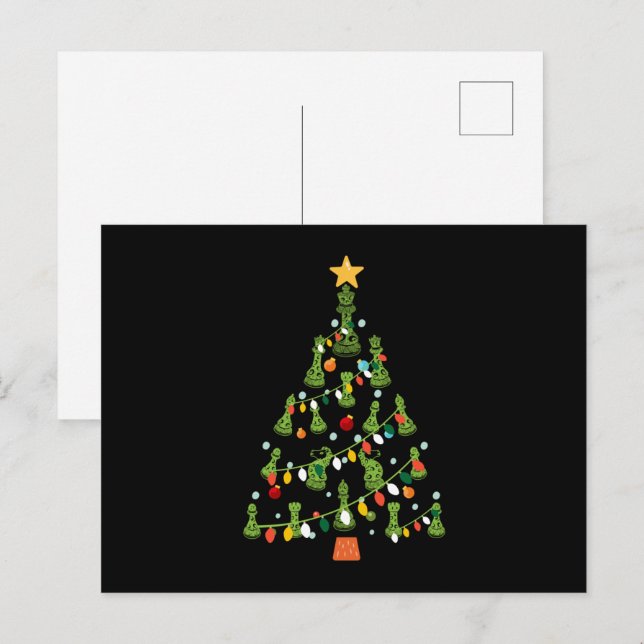 Carte Postale Sapin de Noël d'échecs - Roi Dame Cavalier Tour (Devant / Derrière)