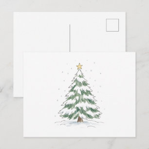 Carte Postale Sapin de Noël enneigé avec étoile dorée aquarelle