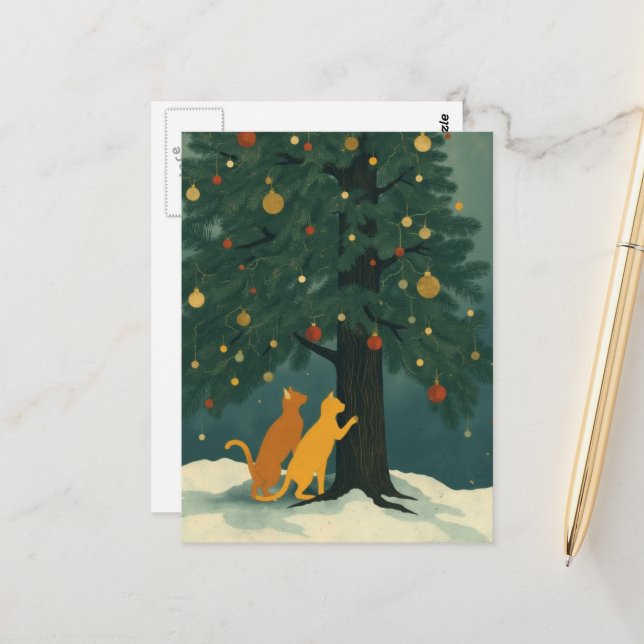 Carte Postale Sapin de Noël et Deux Chatons Roux (Devant/Arrière en situation)