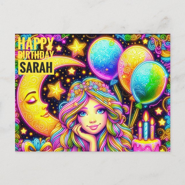 Carte Postale SARAH ~ JOYEUX ANNIVERSAIRE ~ Fille Arc-en-ciel 3D (Devant)