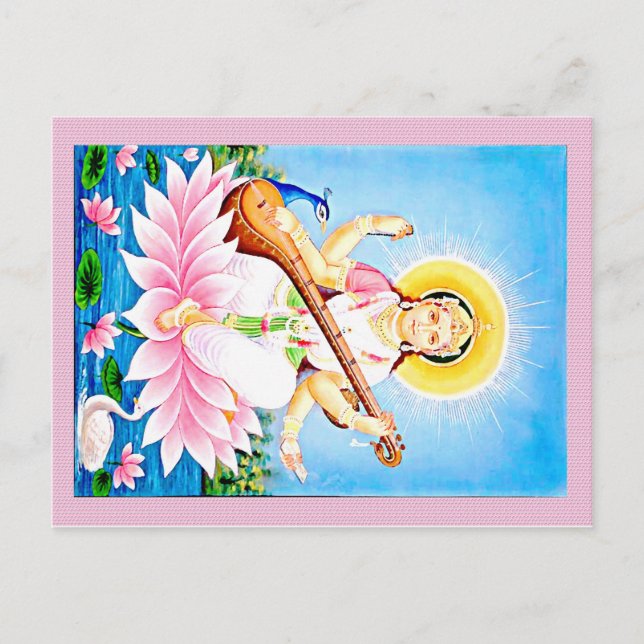 Carte Postale Saraswati assise sur Pink Lotus (Devant)