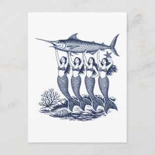 Carte Postale Sardine en boîte vintage Sirène Poisson en boîte
