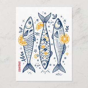 Carte Postale Sardines Vintage Illustration de Poissons Méditerr