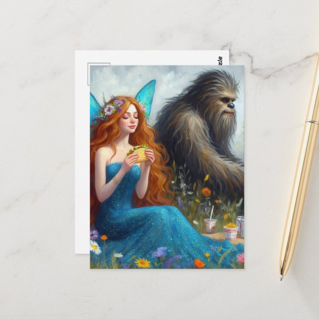 Carte Postale Sashquatch et une fée sur un pique-nique (Devant/Arrière en situation)