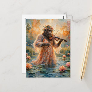 Carte Postale Sasquatch avec un violon dans l'étang aux lis