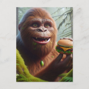 Carte Postale Sasquatch dans la forêt de Mossy avec Cheeseburger
