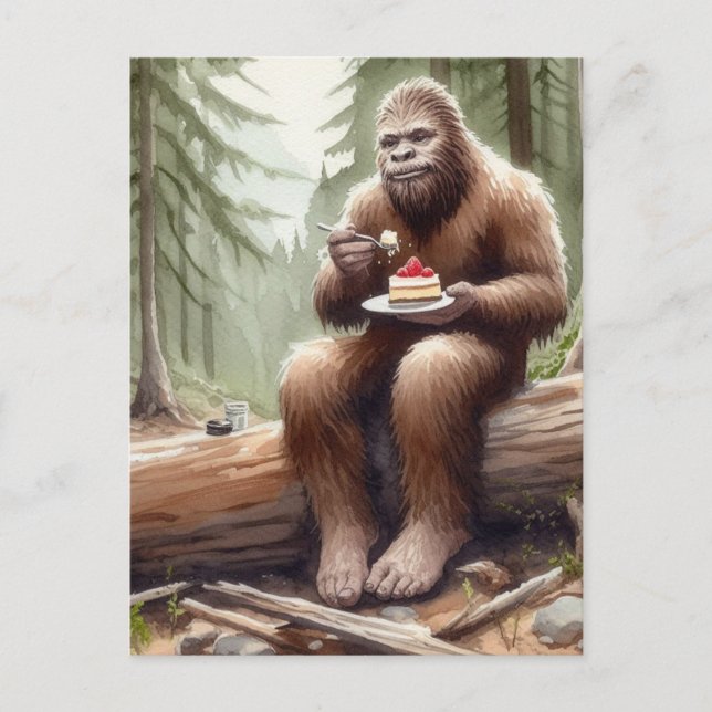 Carte Postale Sasquatch dans la forêt de mossy avec un cheesecak (Devant)