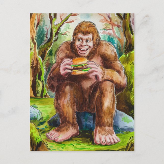 Carte Postale Sasquatch et Cheesburger dans une forêt de Mossy (Devant)
