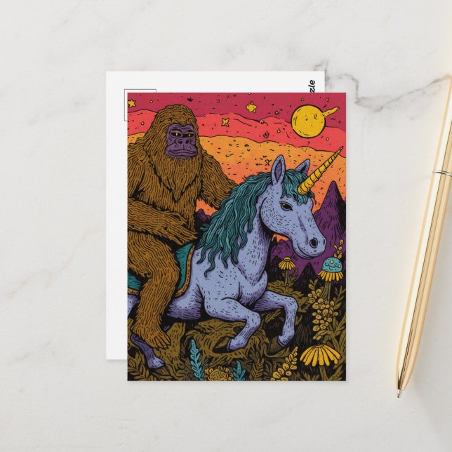 Carte postale Sasquatch et licorne (Devant/Arrière en situation)