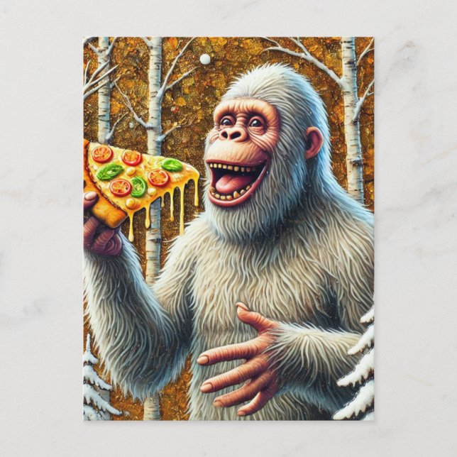 Carte Postale Sasquatch et Pizza dans une forêt de bouleaux (Devant)