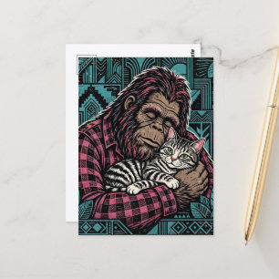 Carte Postale Sasquatch et son chat xylographié